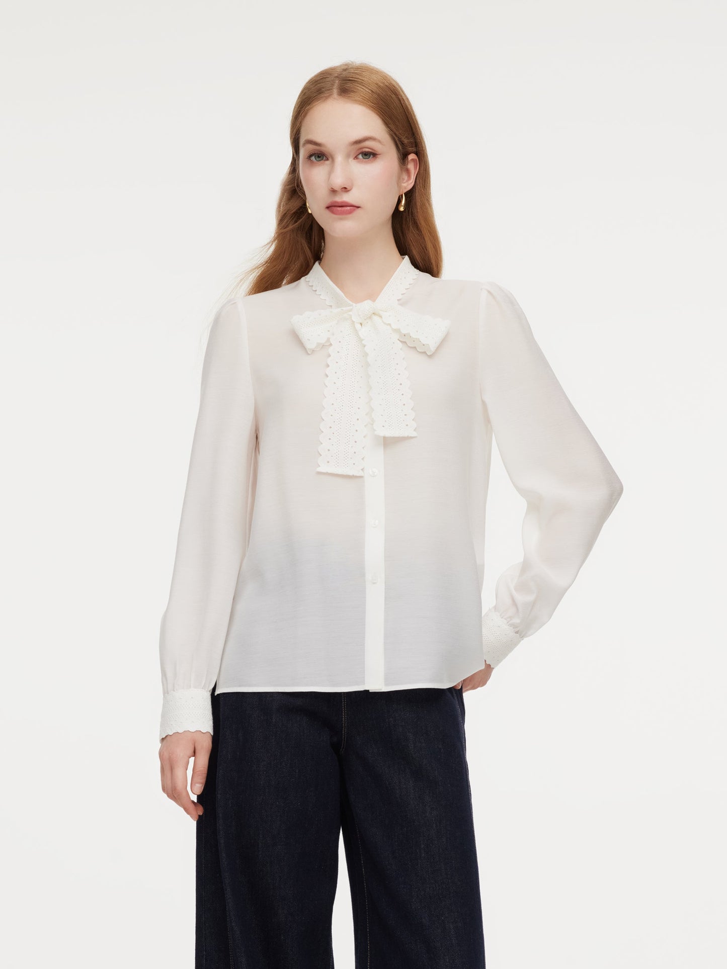 [Preview] Acetate Blend Lace Bow Tie Women Shirt