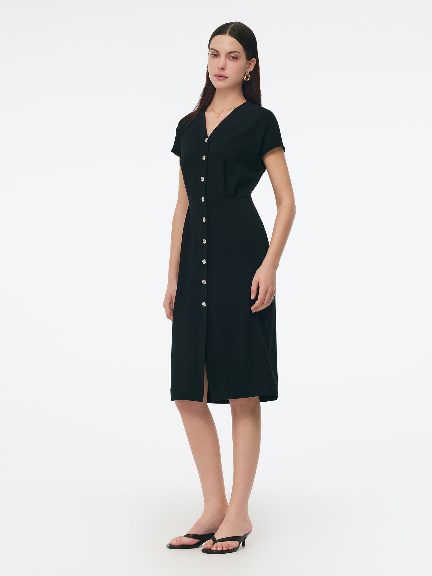 Triacetate Blend V-Neck Women Gathered Waist Midi Dress