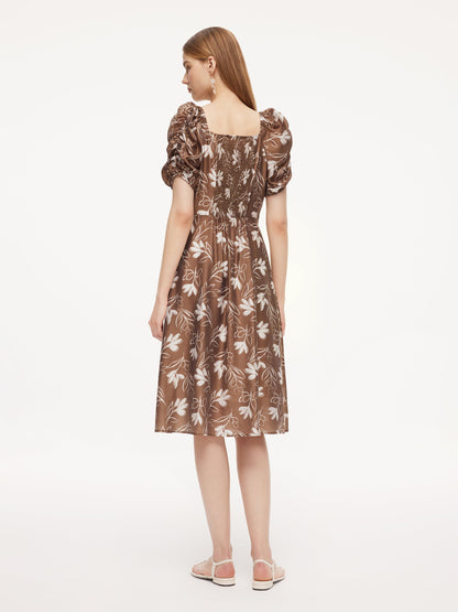 Tencel Blend Floral Print Square Neck Women Midi Dress