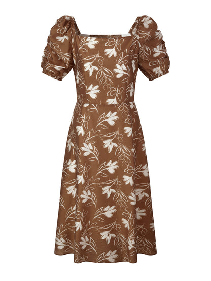 Tencel Blend Floral Print Square Neck Women Midi Dress