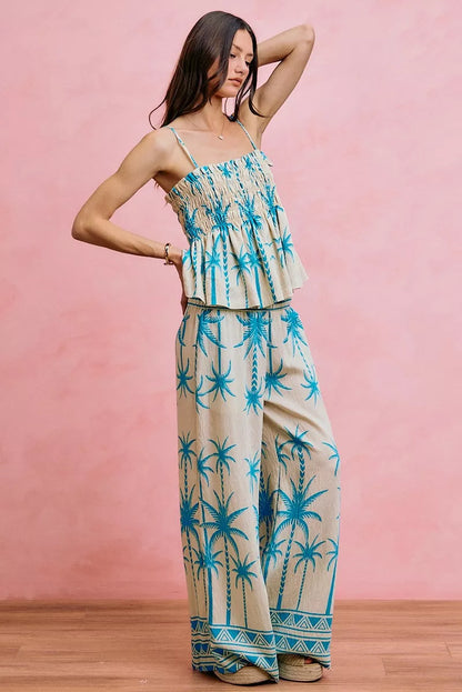 SO ME Palm Tree Smocked Bodice Adjustable Cami Top