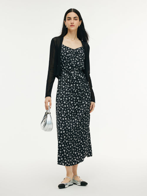 Floral Print Strap Side Slit Maxi Dress And Cardigan Two-Piece Set