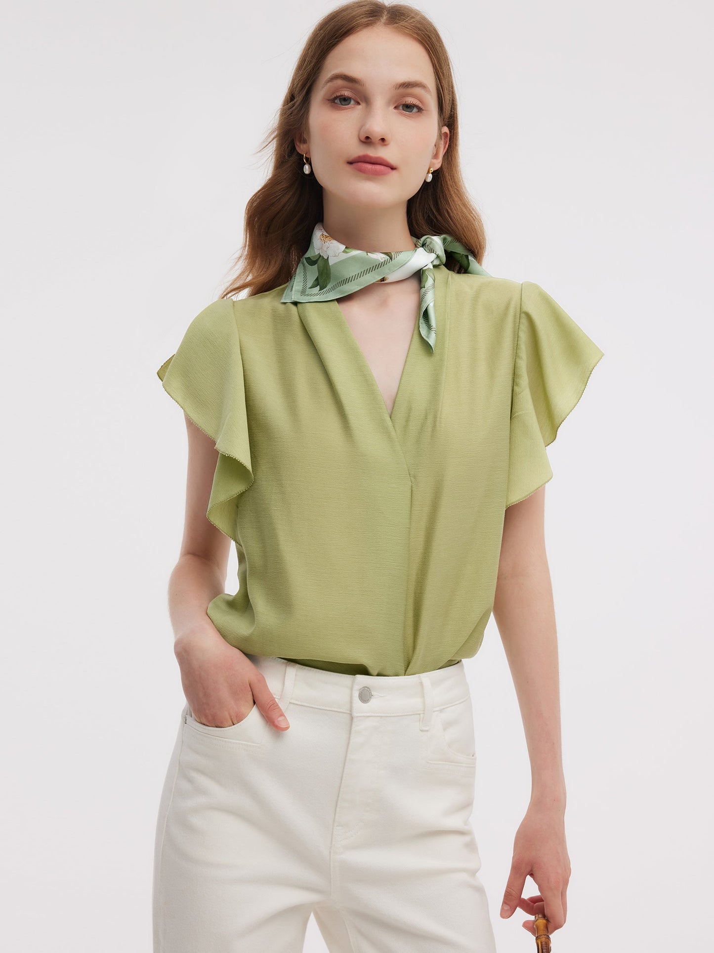 Acetate Blend V-Neck Women Ruffle Sleeve Blouse