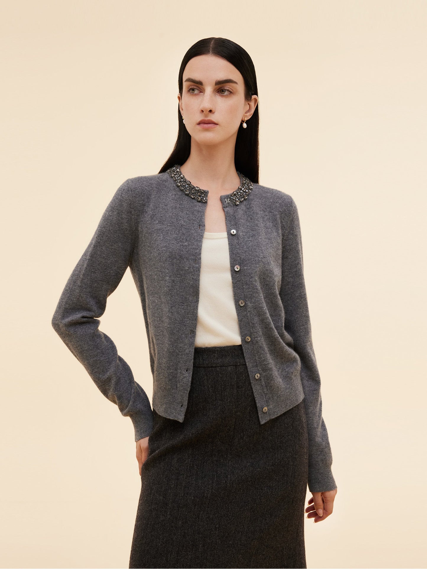 100% Wool Beaded Round Neck Women Cardigan