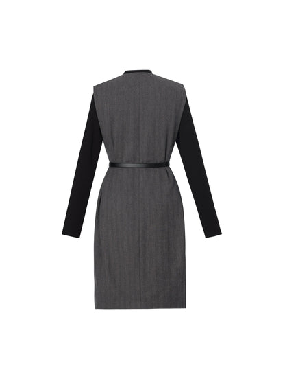 100% Wool Vest And Knit Dress Two-Piece Set With Belt
