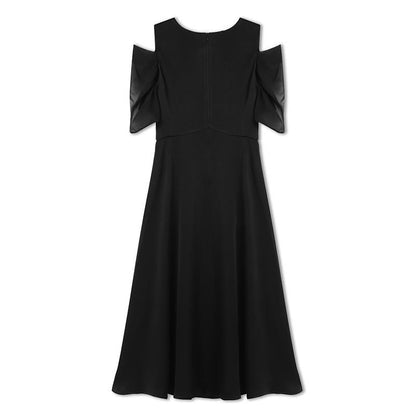 Black Triacetate Gathered Waist V-Neck Midi Dress