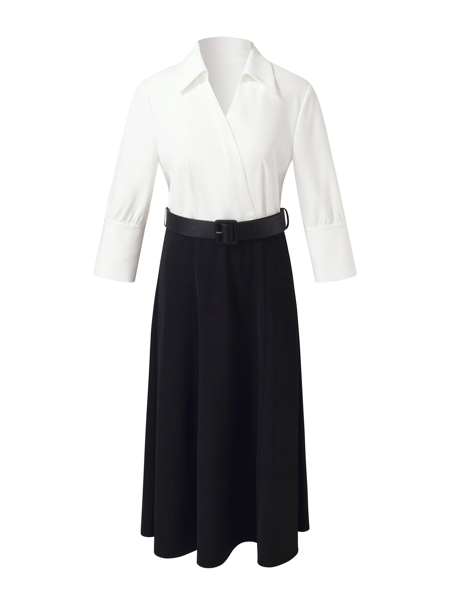 Pre-Order Faux-Layered Color Block Women Midi Dress With Leather Belt