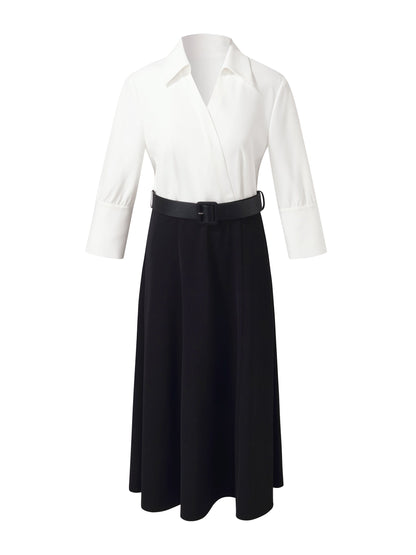 Pre-Order Faux-Layered Color Block Women Midi Dress With Leather Belt