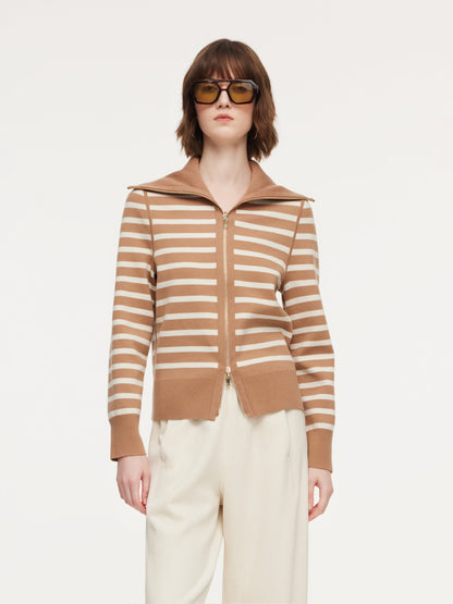 Lyocell Wool Blend Stripe Reversible Zip-Up Women Cardigan