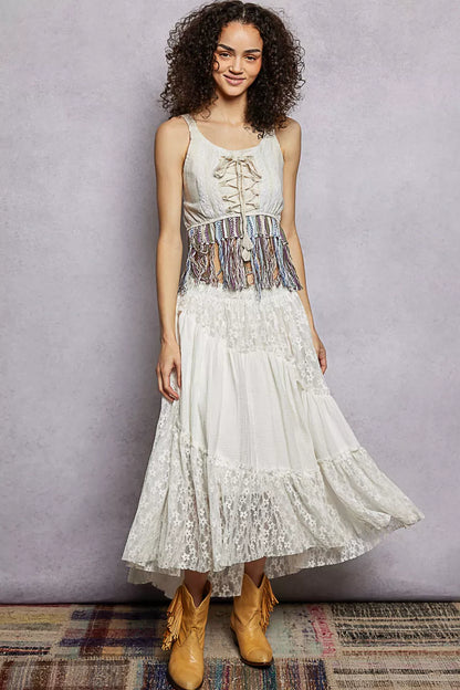 POL Lace-Up Fringe Hem Tank with Lace Detail