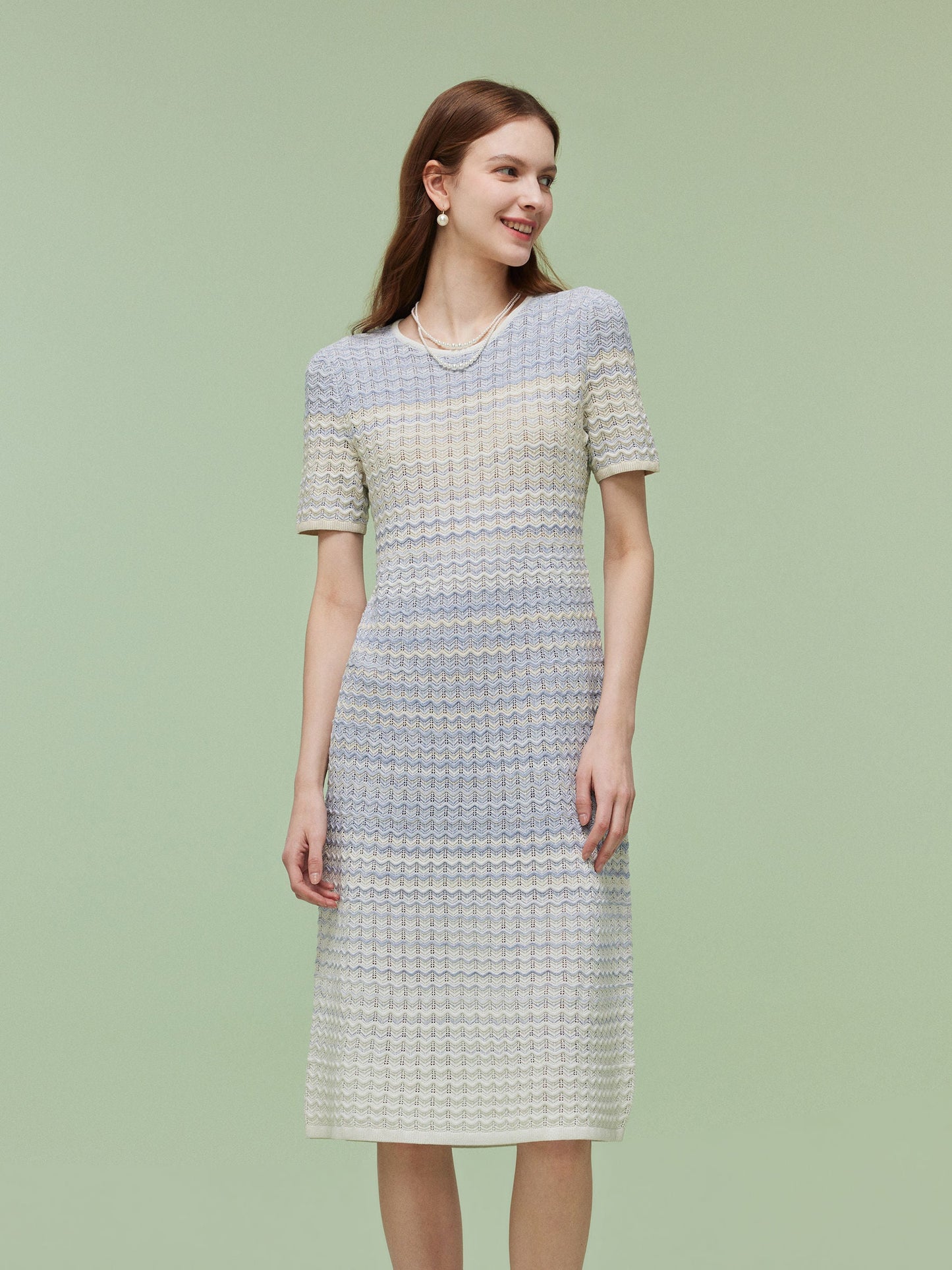 Blue And White Gradient Women Knit Midi Dress