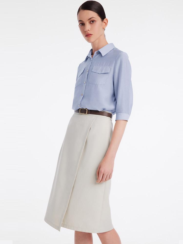 Acetate Shirt And Half Women Skirt Two-Piece Set With Leather Belt