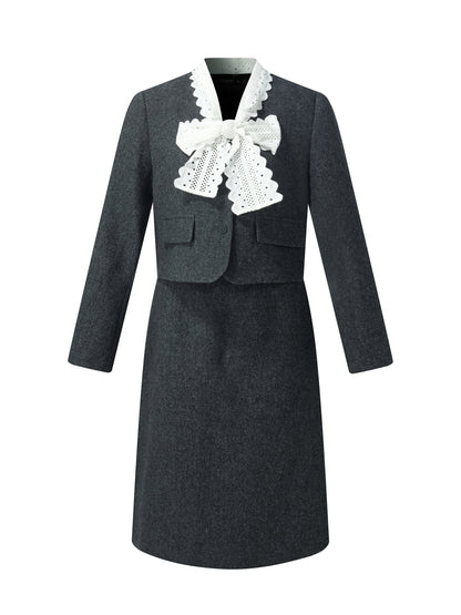 100% Washable Wool Crop Jacket And Skirt Two-Piece Set