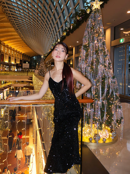 Velvet Sequins Women Strap Midi Dress
