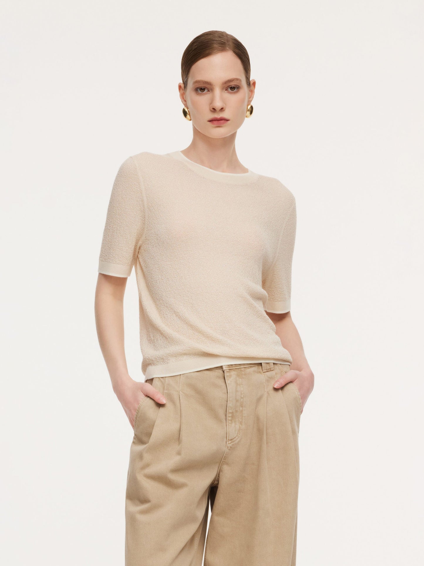 Triacetate Tencel Blend Contrast Trim Women Knit Top