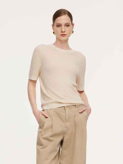 Triacetate Tencel Blend Contrast Trim Women Knit Top