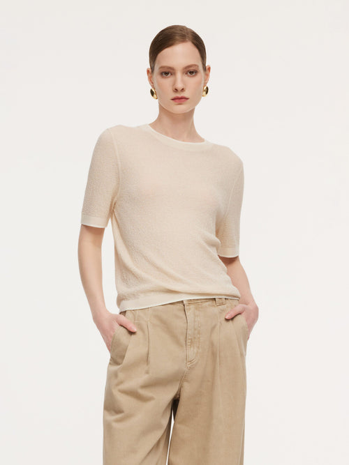 Triacetate Tencel Blend Contrast Trim Women Knit Top