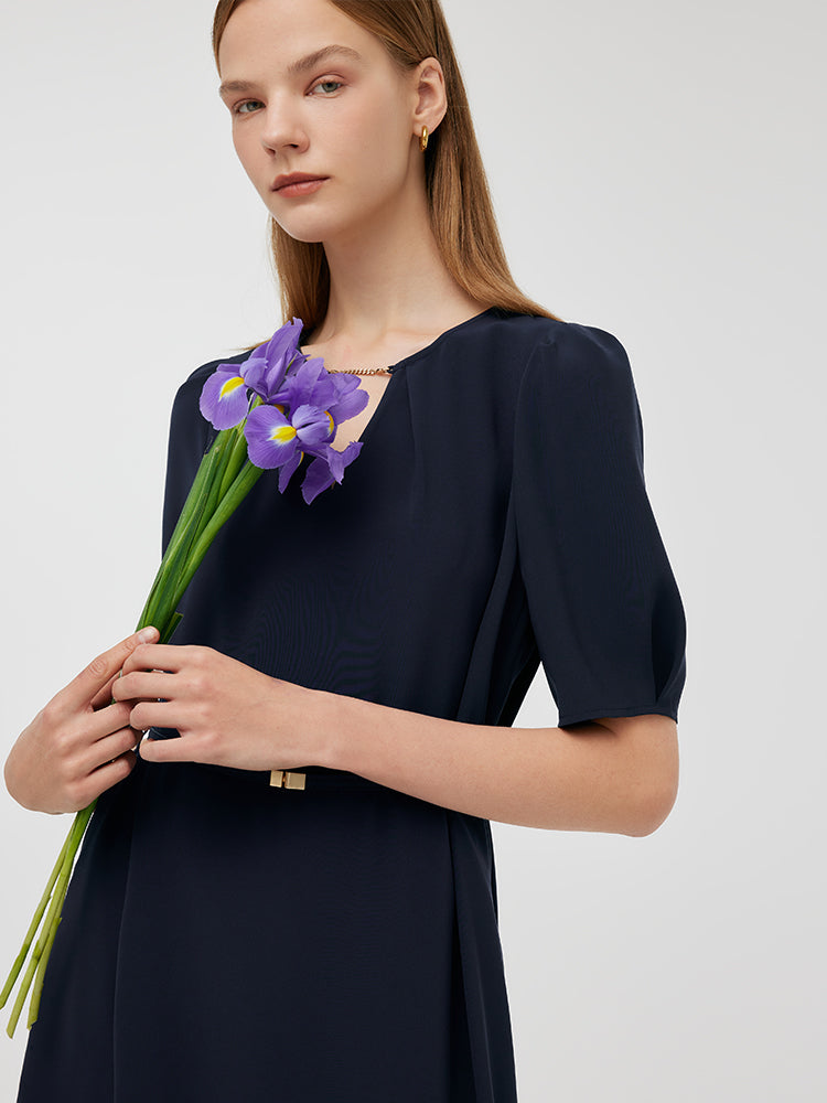 Triacetate Cut-Out Neck Women Midi Dress With Belt