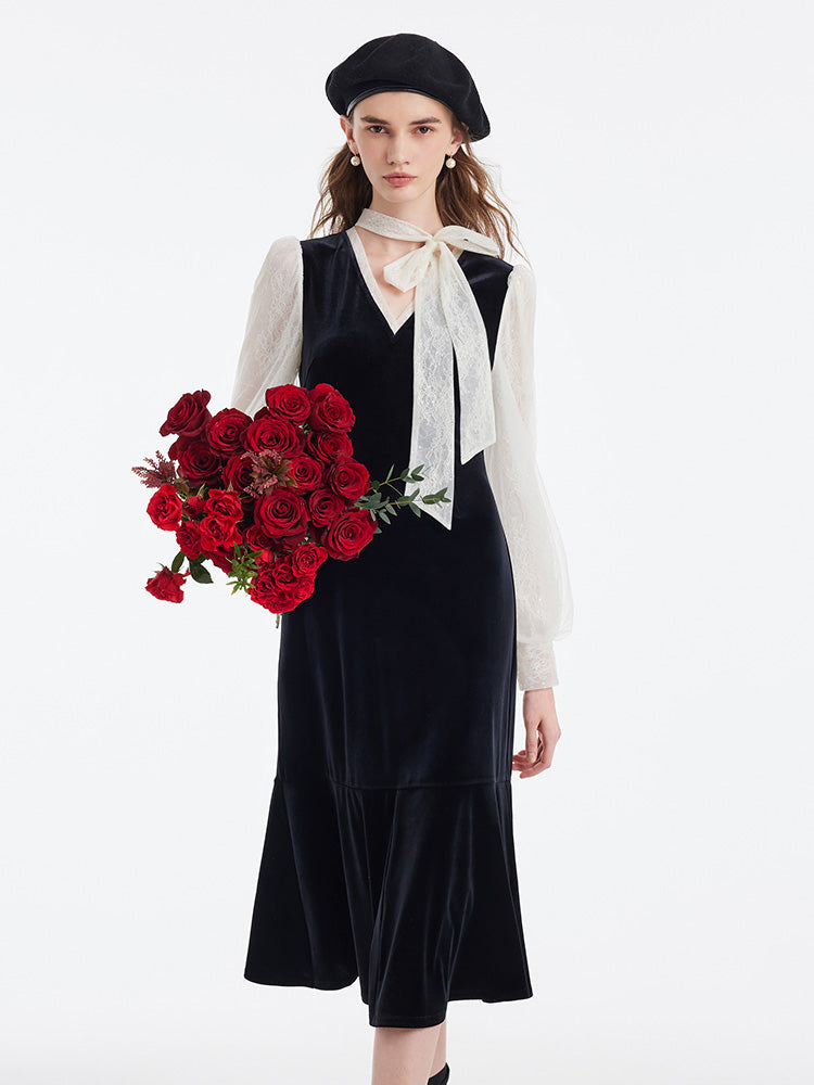 Lace Patchwork Velvet Women Midi Dress