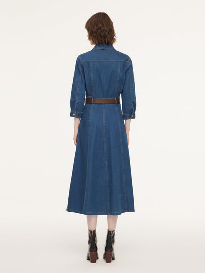 Denim Gathered Waist Women Maxi Dress With Belt