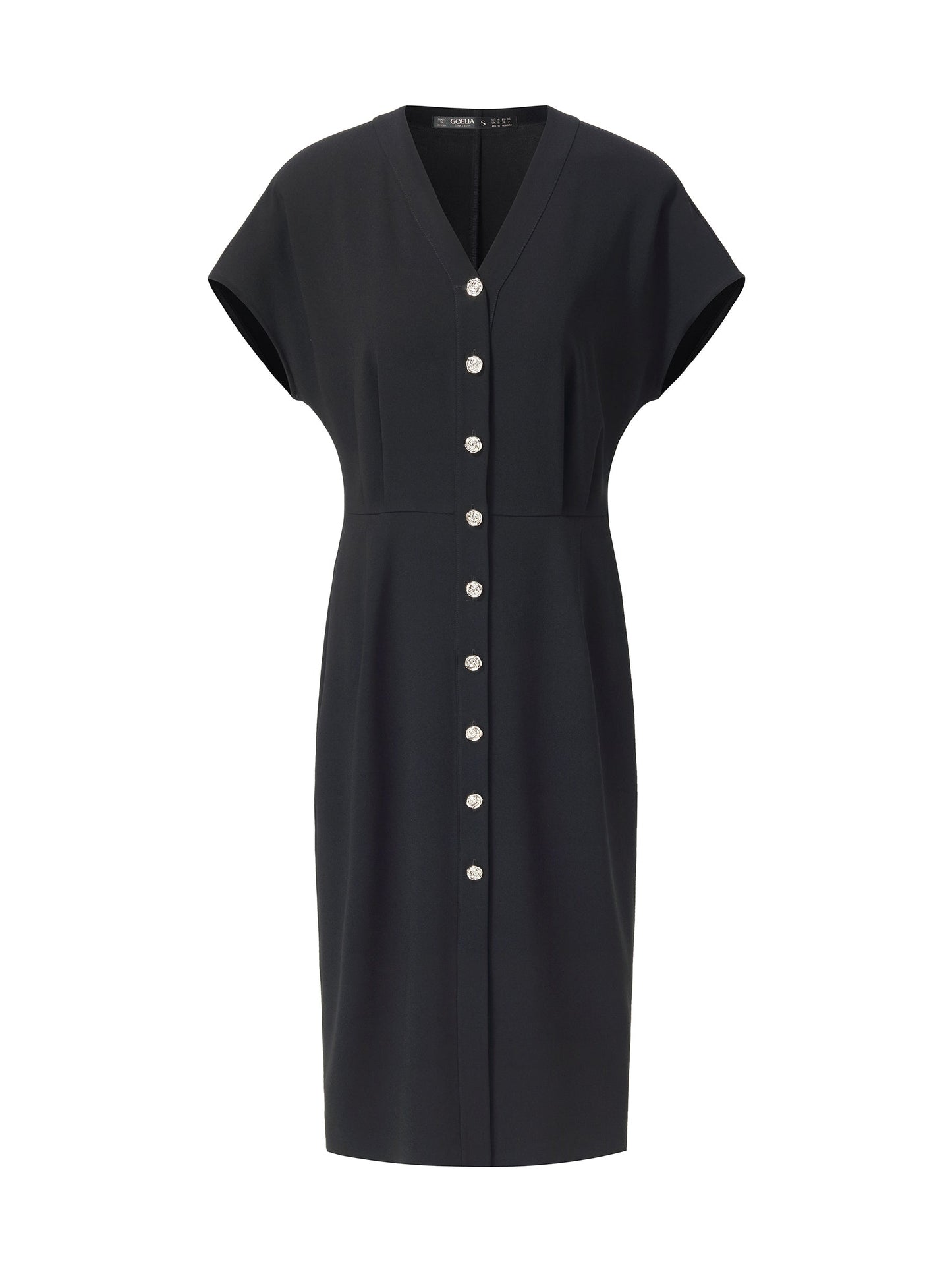Triacetate Blend V-Neck Women Gathered Waist Midi Dress