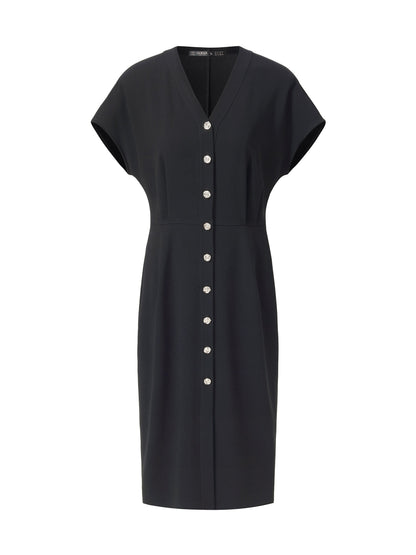 Triacetate Blend V-Neck Women Gathered Waist Midi Dress