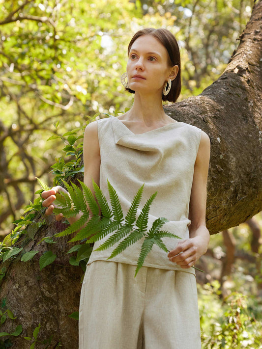 100% Linen Cowl Neck Women Tank Top