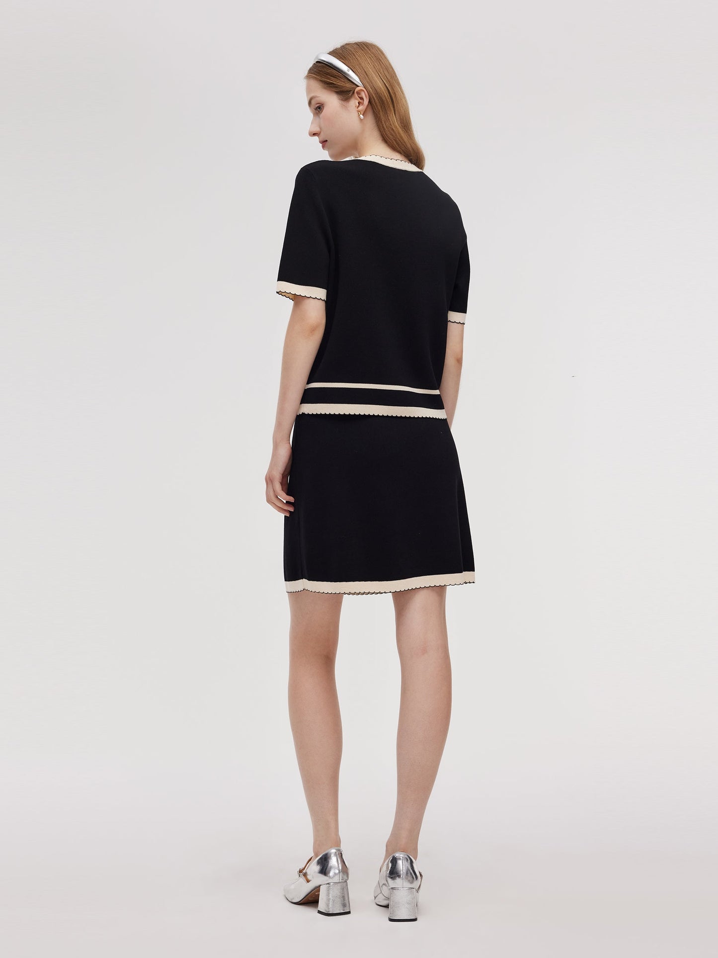 Lyocell Blend Contrast Trim Cardigan And Mini Skirt Two-Piece Set