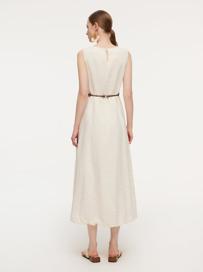100% Ramie Bubble Hem Women Sleeveless Maxi Dress With Tie String Belt