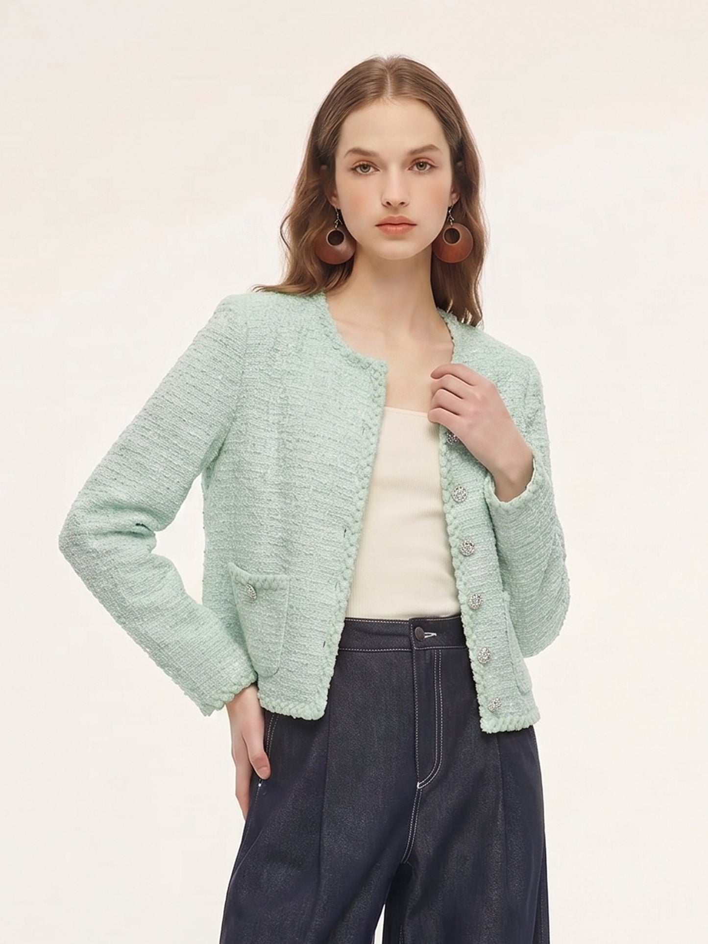 Round Neck Single-Breasted Women Textured Cardigan
