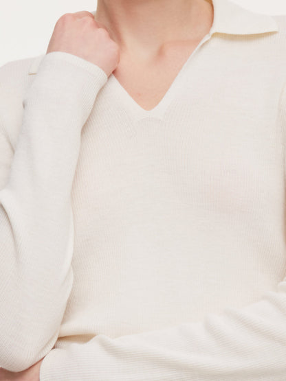 100% Wool V-Neck Ruched Women Polo Knit Top