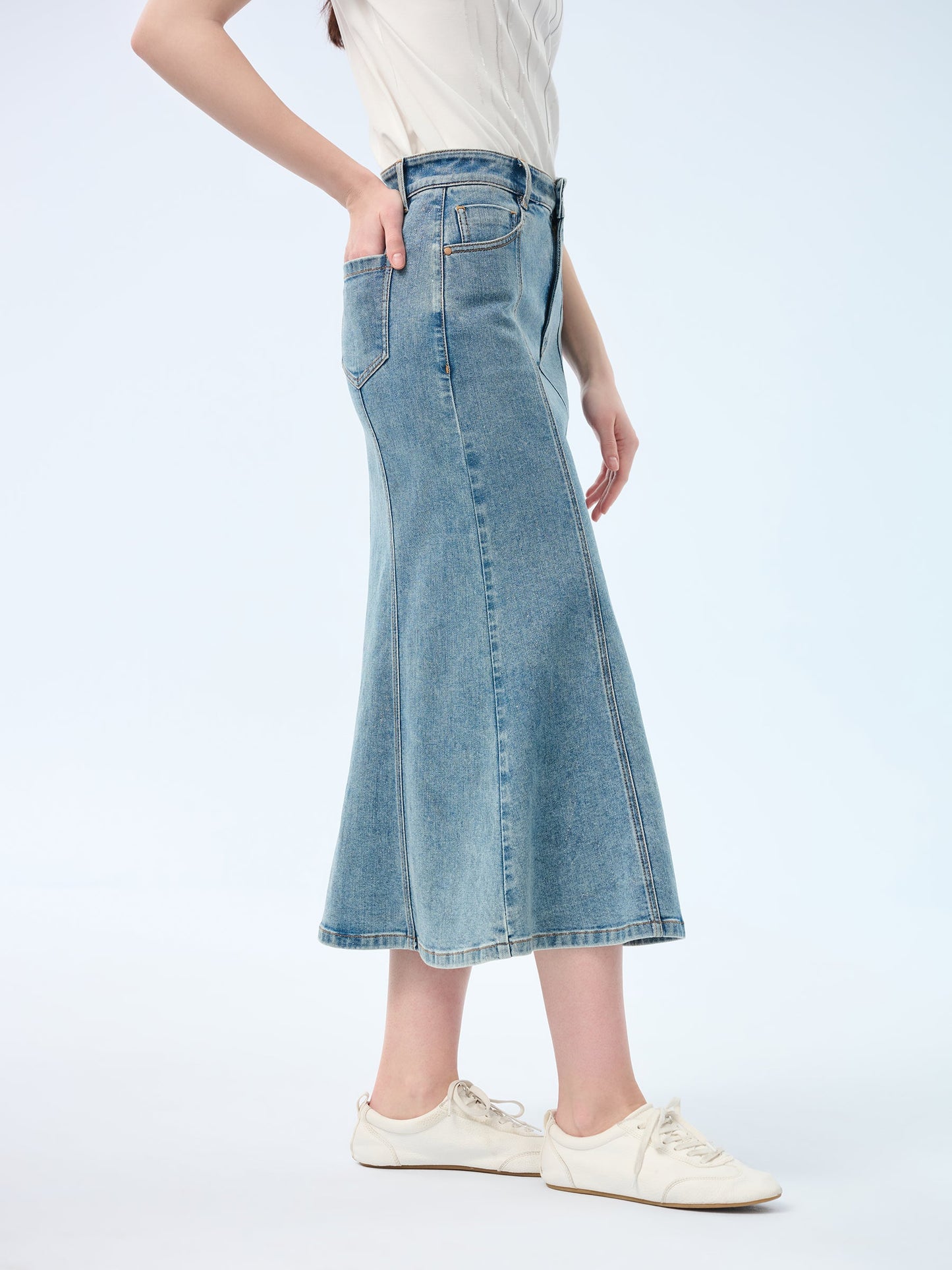 Denim Side Slit Women Eight-Panel Skirt