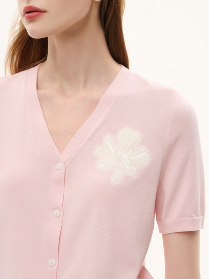 Tencel Blend Floral Embroidered Women Short Sleeve Cardigan