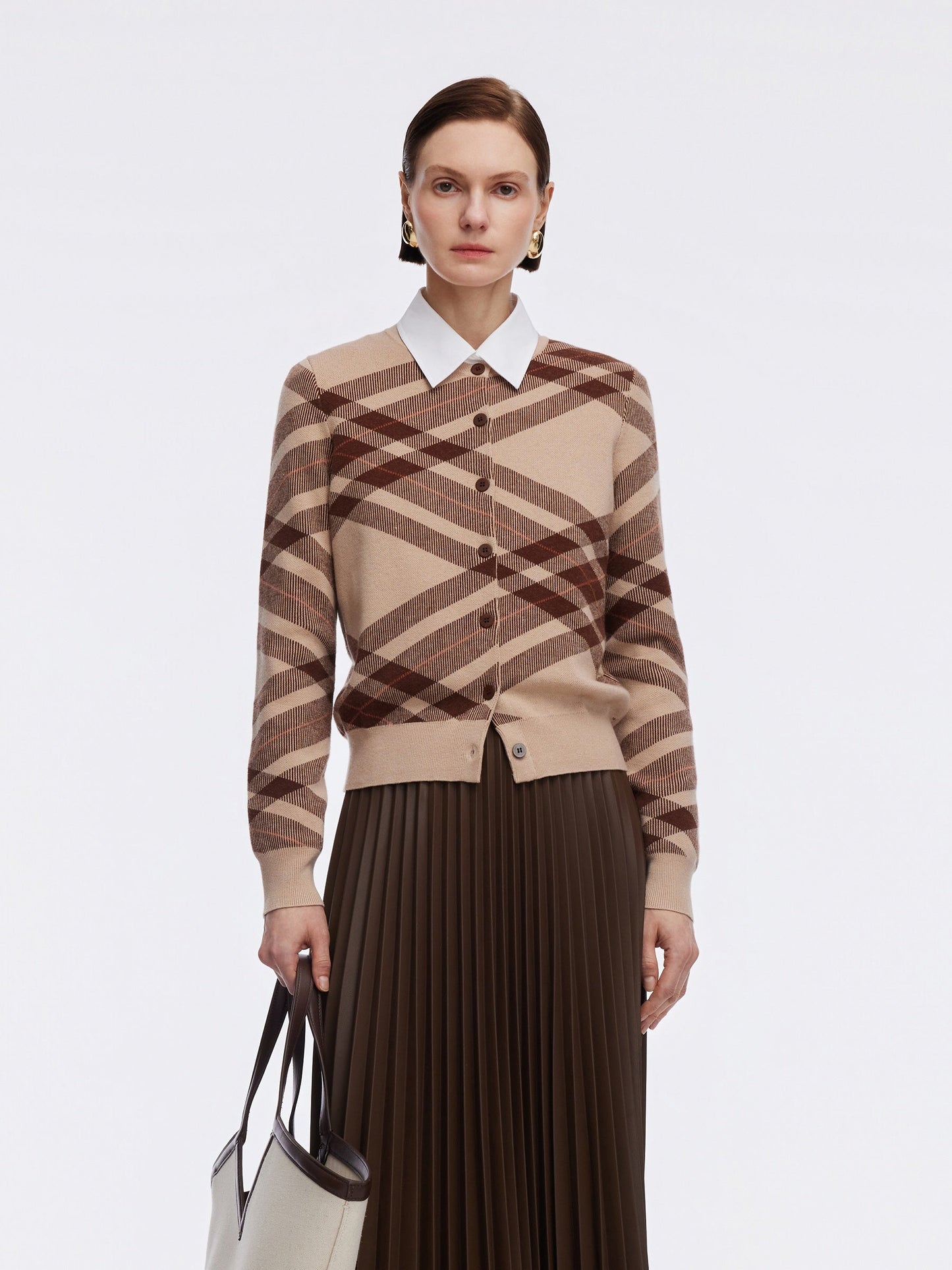 Tencel Wool Blend Plaid Women Cardigan