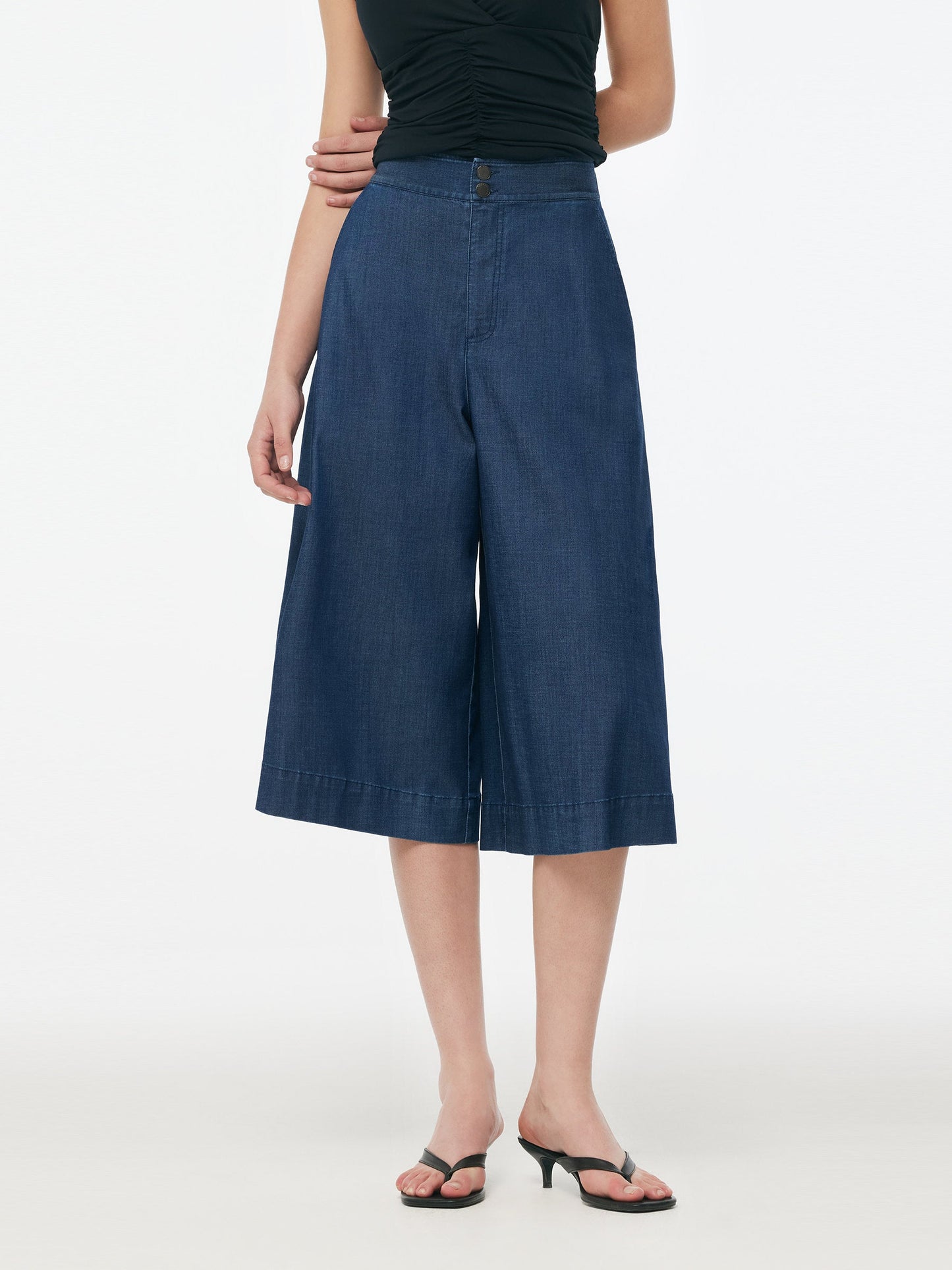 Denim High Waisted Women Wide Leg Cropped Culottes