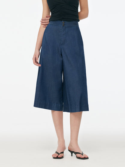 Denim High Waisted Women Wide Leg Cropped Culottes