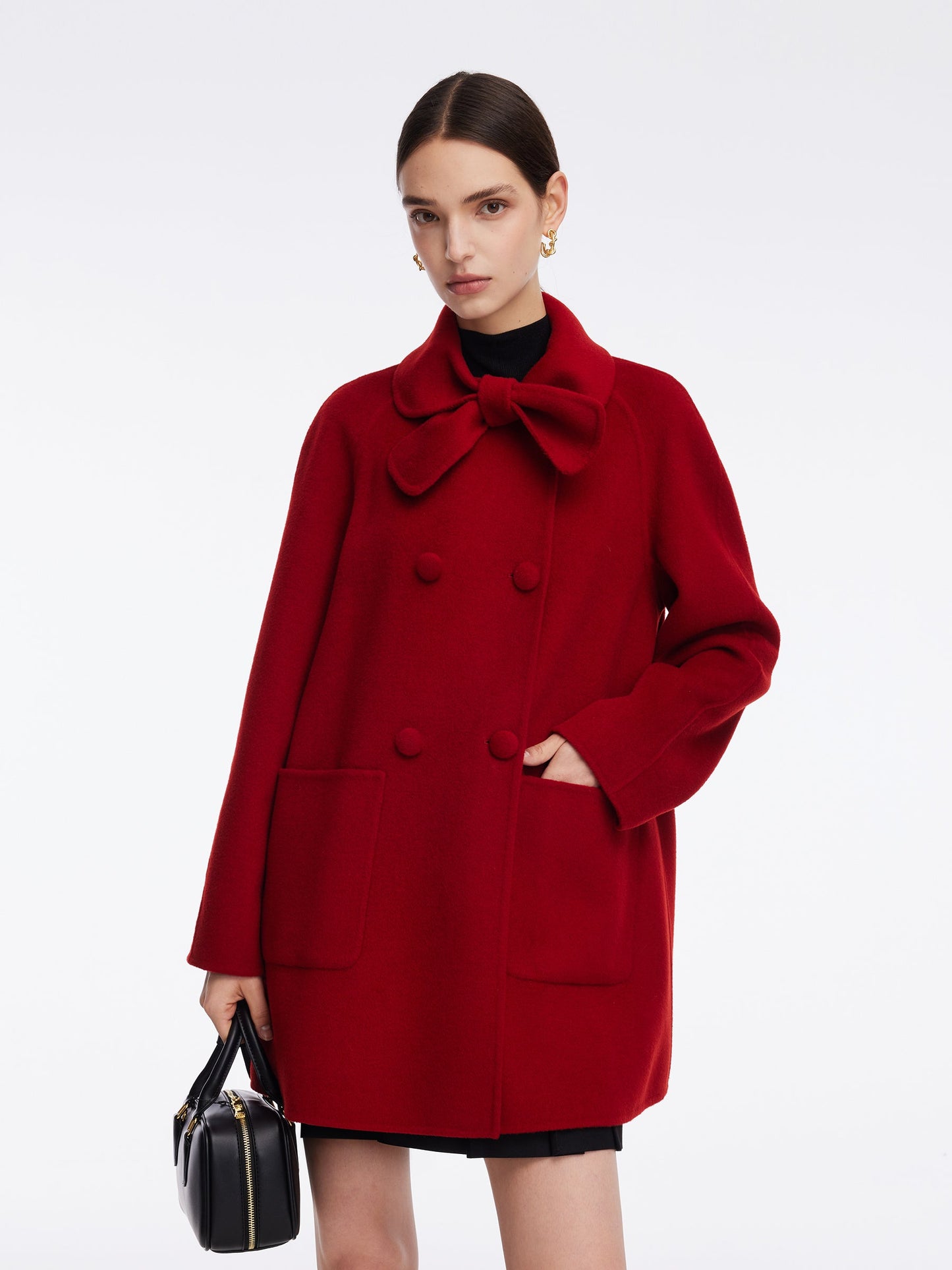 Tencel Wool Blend Double-Faced Women Coat With Detachable Collar