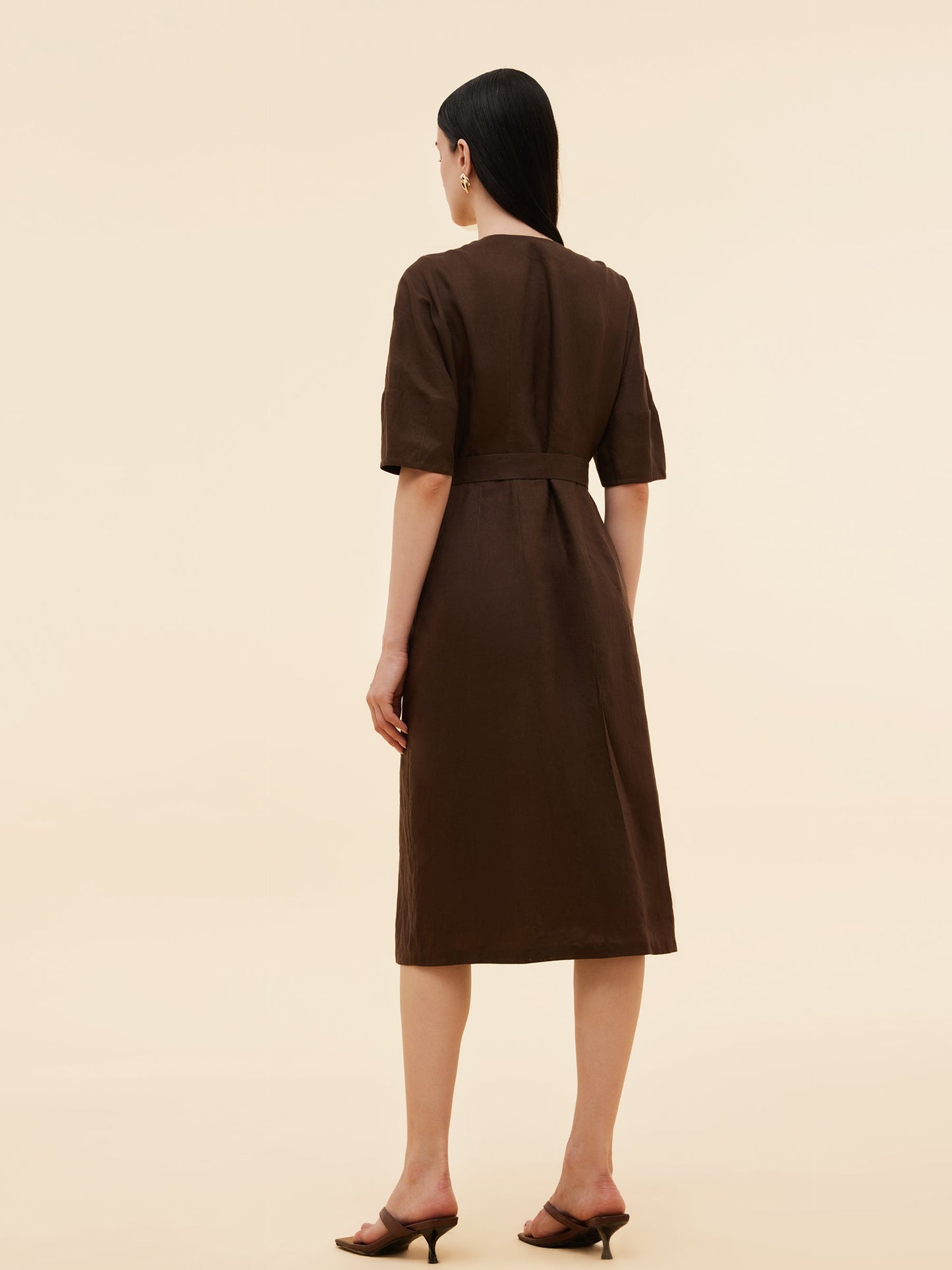 100% Linen Women V-Neck Midi Dress With Belt