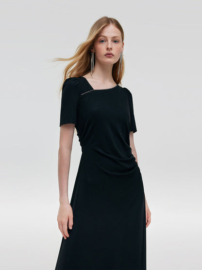 Acetate Asymmetric Neck Women Midi Dress