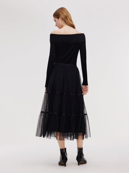 Mesh Tiered Women Elastic Waist Skirt