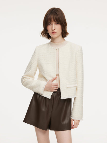 Tweed Round Neck Frayed Hem Women Cropped Jacket