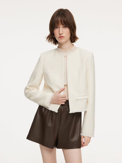 Tweed Round Neck Frayed Hem Women Cropped Jacket