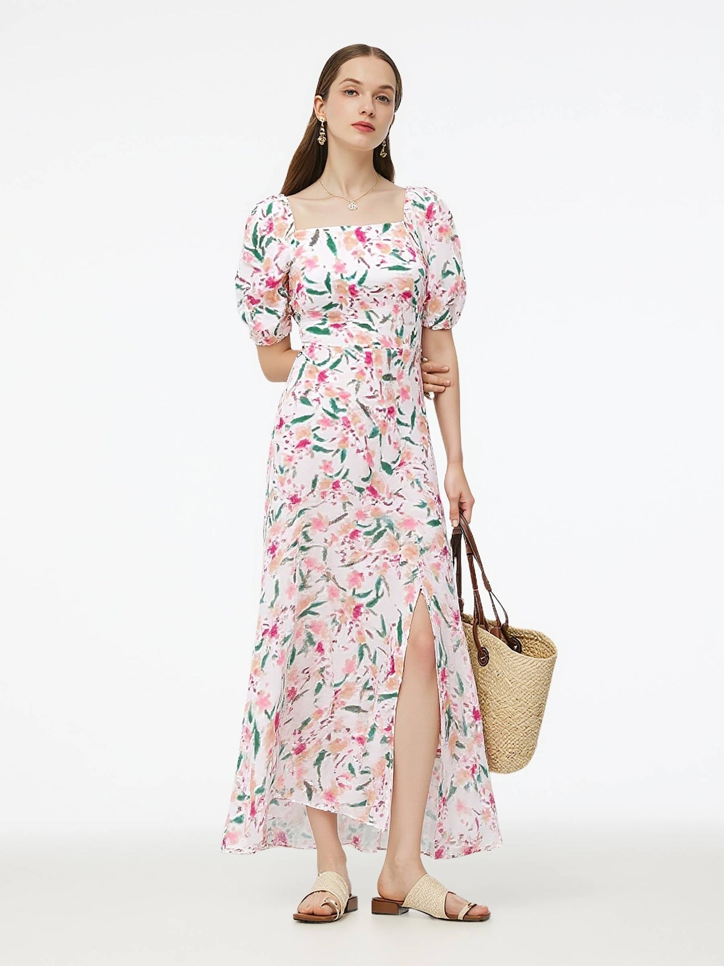 Silk Floral Print Women Midi Dress