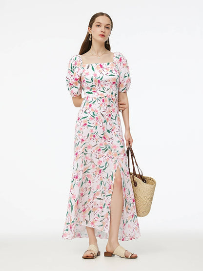Silk Floral Print Women Midi Dress