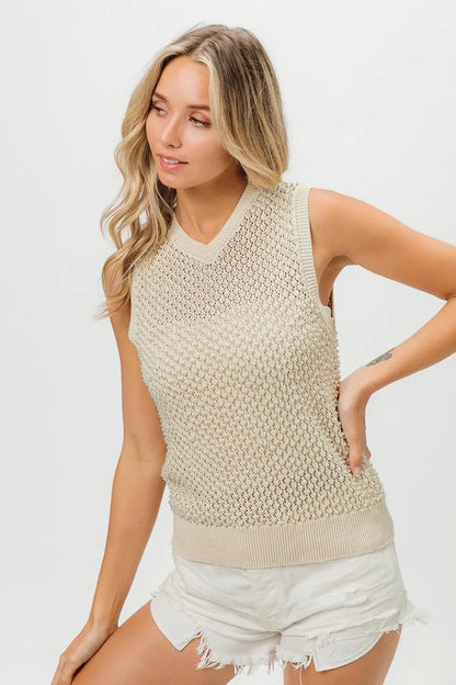 BiBi Knitted Beaded Pearl V Neck Sleveless Top