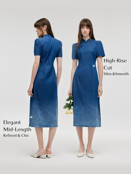 Gradient Denim Women Qipao Midi Dress