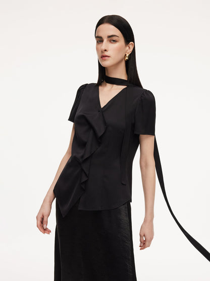 22MM Mulberry Silk Asymmetrical Hem Women Blouse With Ribbon