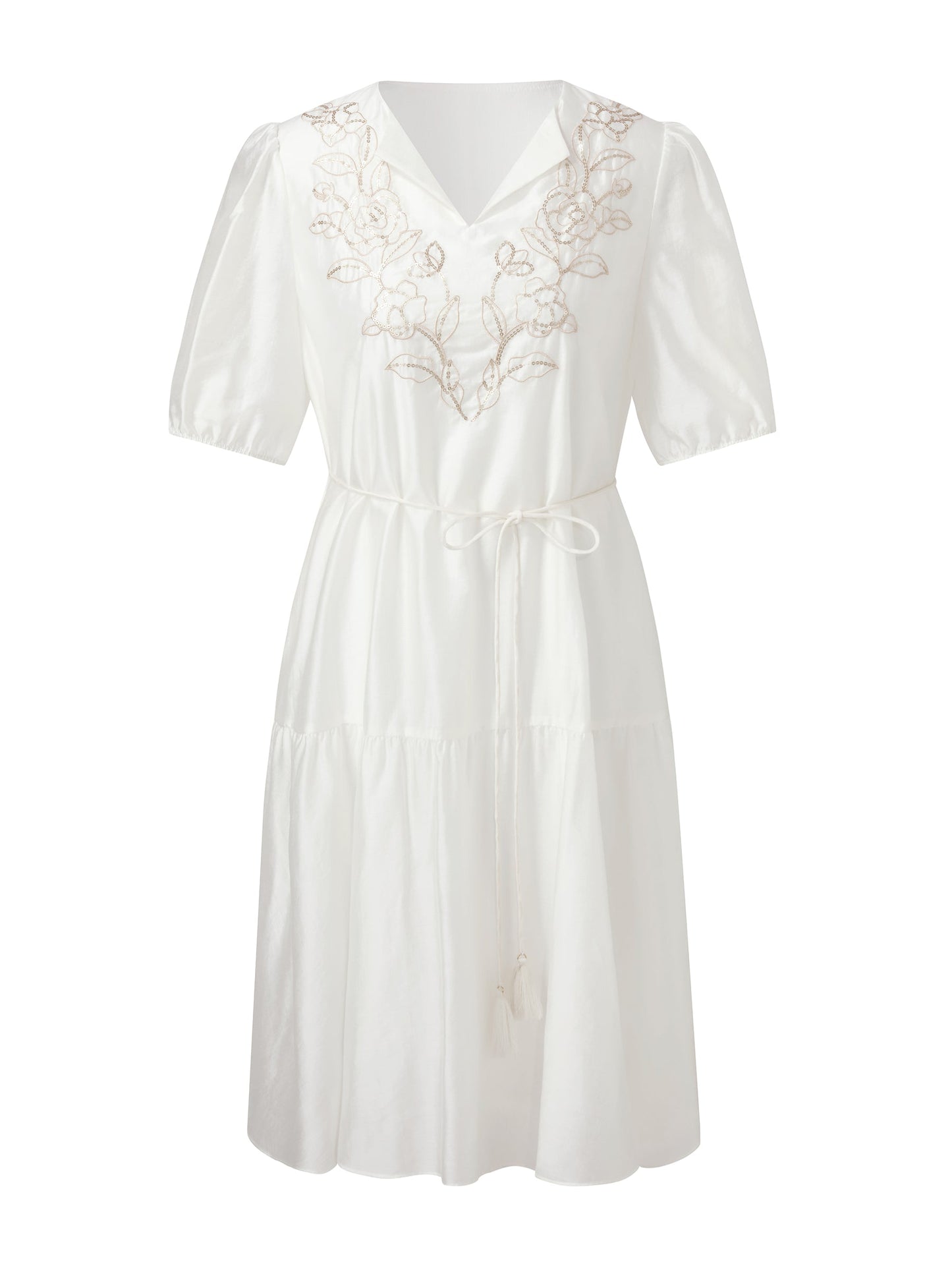 Pre-Order Tencel Blend Sequins Embroidered Women Midi Dress With Tie String Belt