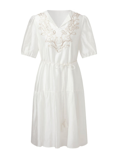 Pre-Order Tencel Blend Sequins Embroidered Women Midi Dress With Tie String Belt