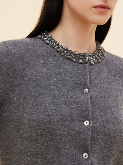 100% Wool Beaded Round Neck Women Cardigan